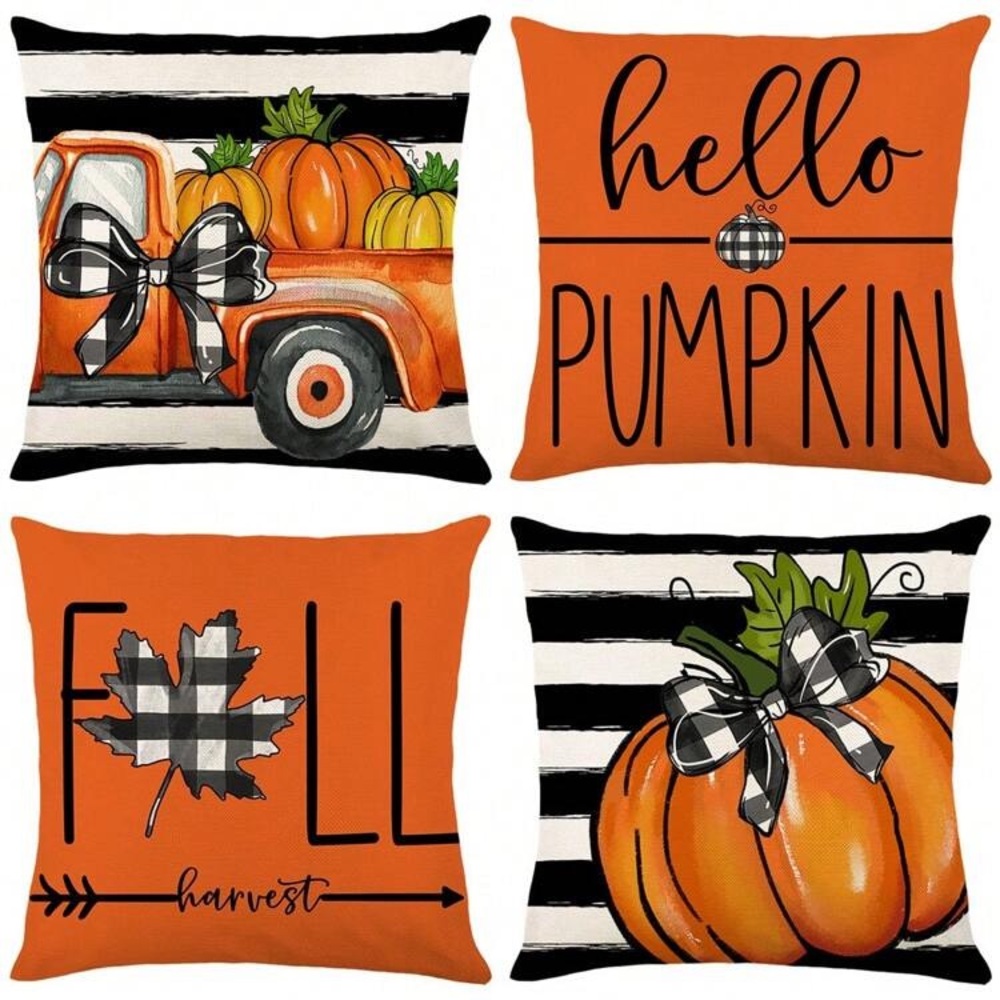 HP-NWT Set of 4-Super Soft-Orange& Black & White Stripe-Fall Pillow Covers 18x18